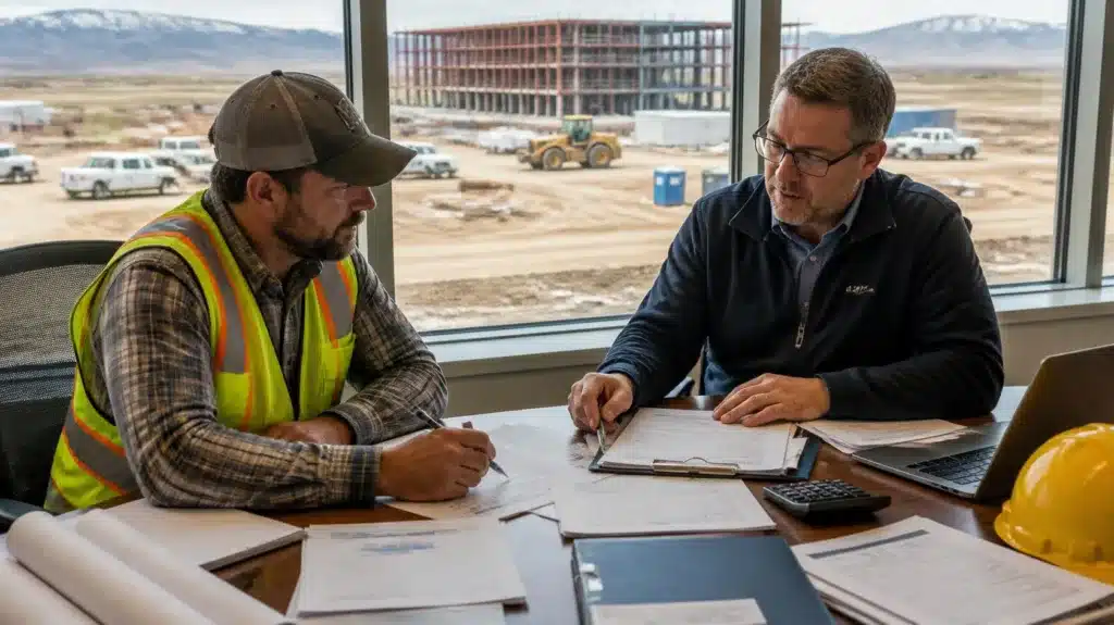Nonresident contractor reviewing sales and use tax bond paperwork with agent
