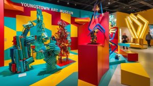 Colorful contemporary sculptures on display at the Youngstown Art Museum in Ohio, showcasing vibrant, abstract installations in a modern exhibition space.