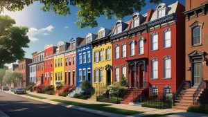 A row of colorful, restored historic townhomes in a residential neighborhood in Youngstown, Ohio, bathed in afternoon sunlight.