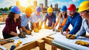Diverse group of construction professionals in hard hats reviewing blueprints at a job site with Youngstown, Ohio skyline in the background.