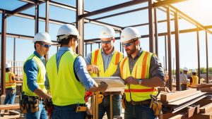 Construction crew in Lakewood, Ohio reviews building plans on-site, wearing safety gear and coordinating project progress.