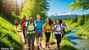 Diverse group of hikers enjoying a scenic trail along a river in Albany, Oregon with snow-capped mountains and pine forests in the background