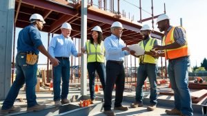 Construction team reviewing blueprints at a commercial job site in Albany, Oregon with steel framing in progress