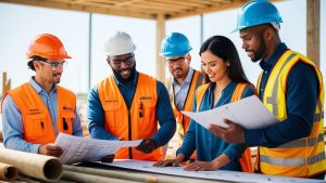 A diverse team of Allen, Texas construction professionals reviews blueprints at a commercial site—highlighting collaboration on bonded projects supported by corporate bonds performance and payment and performance surety bonds.

