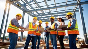 Diverse team of builders collaborating on a commercial development in Altoona, PA, symbolizing teamwork, compliance, and bid bonds and payment and performance bonds in local construction.
