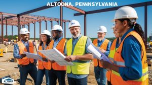 Construction workers in Altoona, Pennsylvania reviewing blueprints on-site with steel framing in the background—ideal for performance bond and licensing projects.