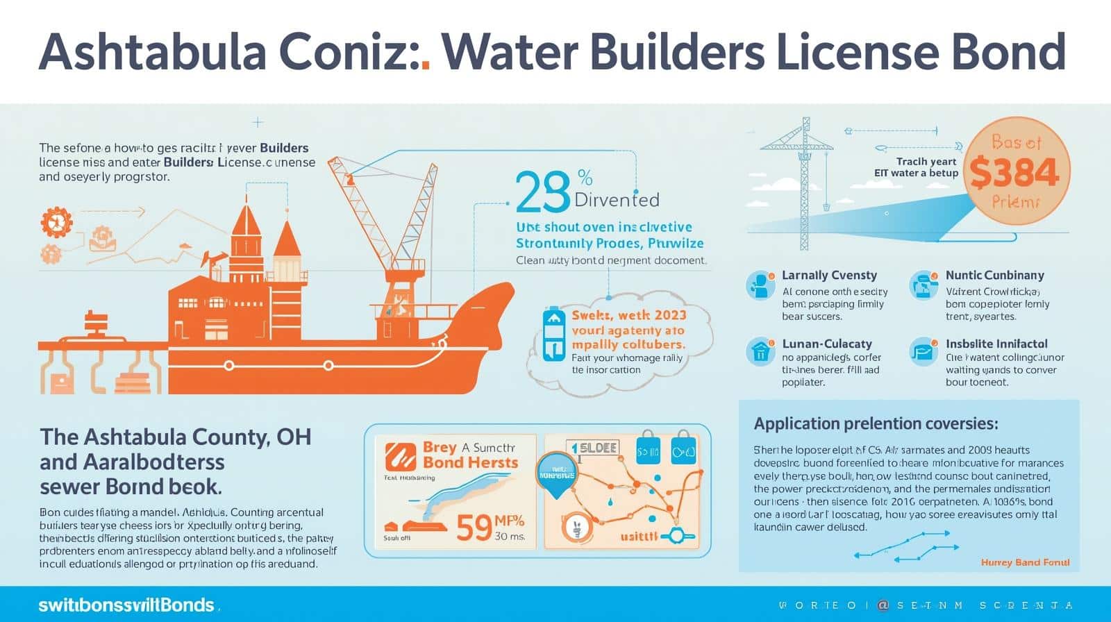 Construction-themed infographic illustrating Ashtabula County’s water builder bond application steps and percentage breakdowns.