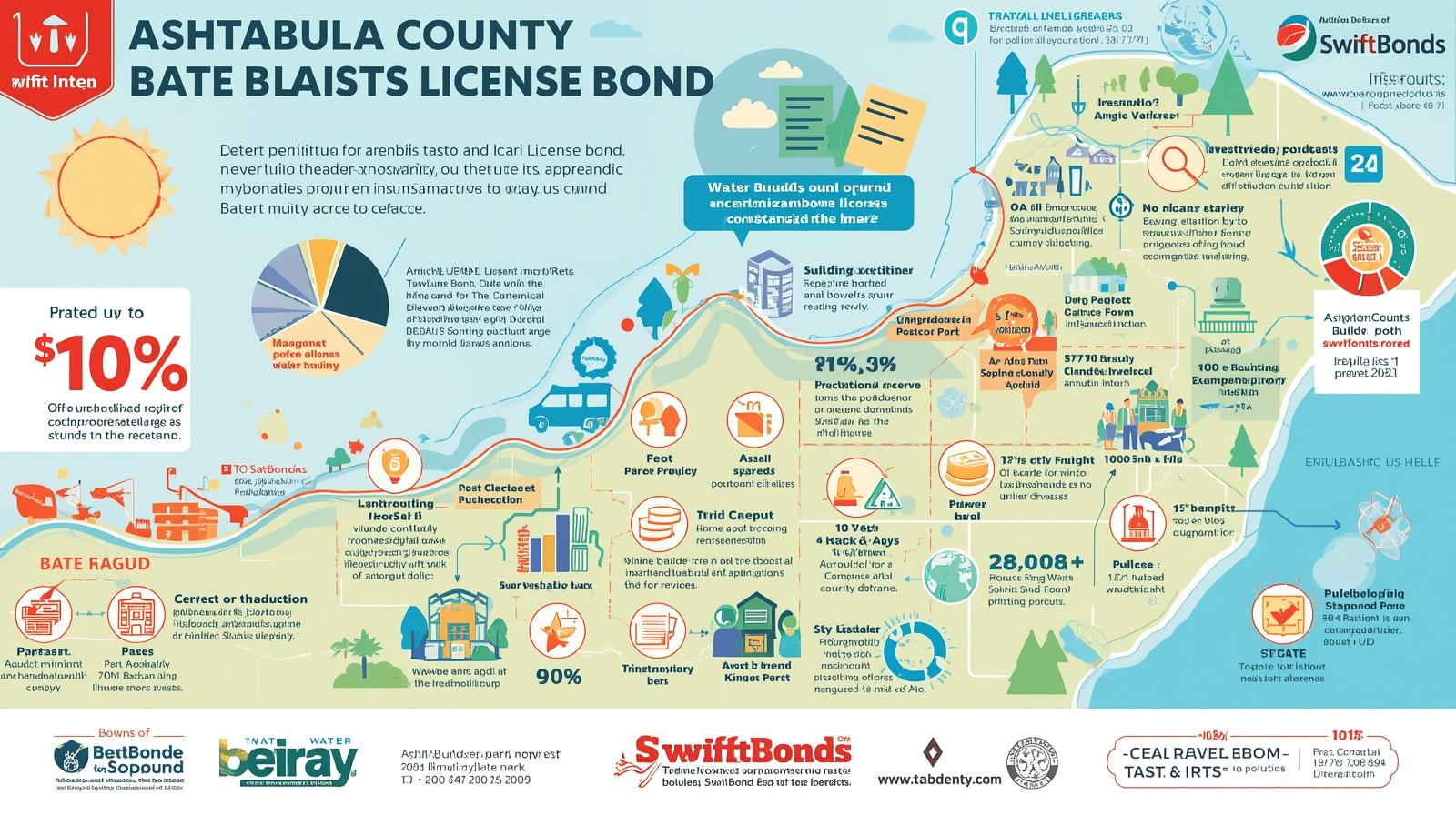 Infographic showing an overview of the Ashtabula County Water Builders License Bond process with statistics, map, and bonding steps.