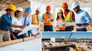 Professional builders and developers examining building plans at an active construction site in Beaumont, Texas, showcasing teamwork and project planning.