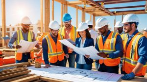 Construction team in Beaumont, Texas reviewing architectural blueprints at a commercial job site, wearing hard hats and safety vests under a sunny sky.