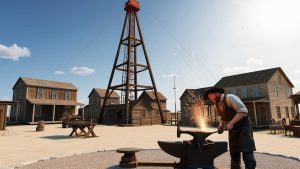 Historic blacksmith working near an old Texas oil derrick and wooden buildings, representing Beaumont's early industrial roots and energy history.