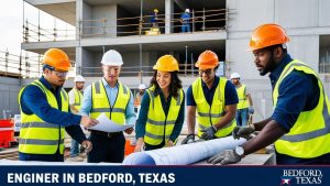 Engineers and contractors reviewing blueprints on a commercial construction site in Bedford, Texas — showcasing job site planning, project performance, and bonding solutions. 