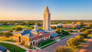 Aerial view of Bedford, Texas municipal buildings and historic clock tower during golden hour — ideal setting for public construction projects requiring performance bonds. 