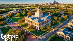 Downtown Bedford, Texas skyline with historic courthouse and nearby infrastructure — representing construction compliance and contractor bonding requirements in Bedford, TX. 