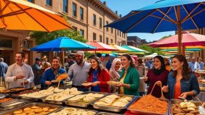 Multicultural food market in Bethlehem, Pennsylvania with smiling residents enjoying local dishes under colorful umbrellas, reflecting community engagement and economic activity in the city.
