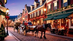 Festive horse-drawn carriage ride on Main Street in Bethlehem, Pennsylvania during the holiday season, highlighting the city’s historic charm and vibrant local economy.