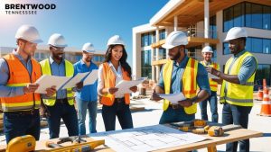 Group of contractors and engineers with safety gear discussing building plans in Brentwood, Tennessee during an active construction project.