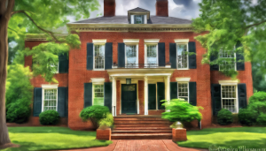 Historic red-brick home with classic Southern architecture in Brentwood, Tennessee surrounded by lush greenery.