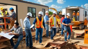 Construction workers and supervisors reviewing blueprints on a job site in Brownsville, Texas, showcasing teamwork and project planning.