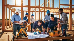 Architects and builders collaborating on a wooden frame construction project in Brownsville, Texas, with tools and blueprints on-site.