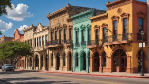 Historic downtown buildings along a main street in Brownsville, Texas, featuring colorful architecture and local businesses.