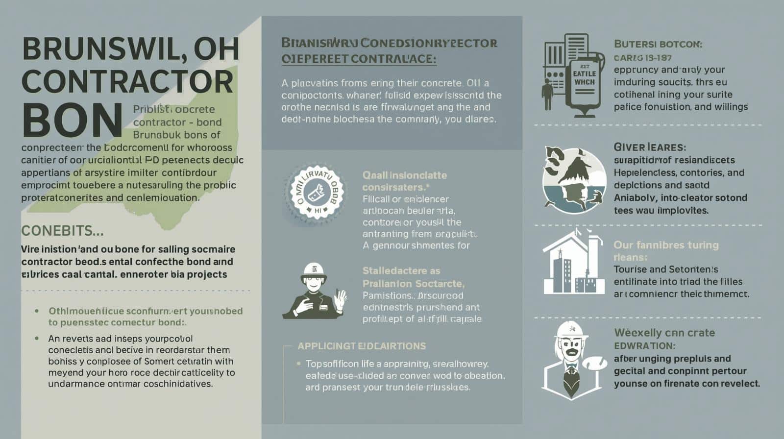 Illustrated overview of Brunswick, OH concrete contractor bond requirements with compliance steps and benefits.