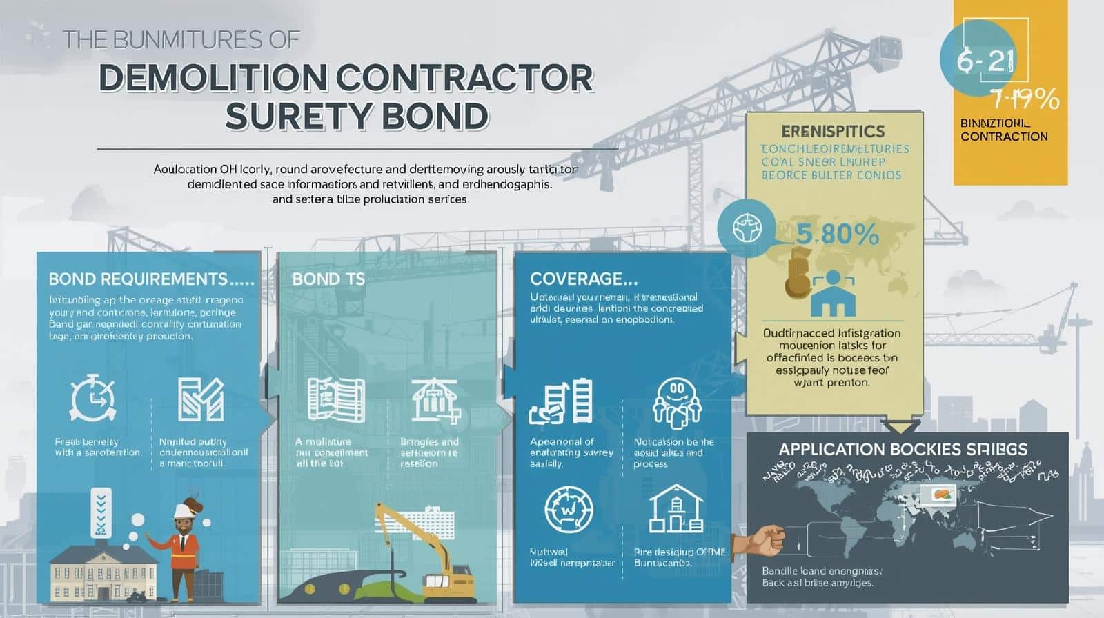 Illustrated guide detailing the components, coverage, and obligations of a demolition contractor surety bond.