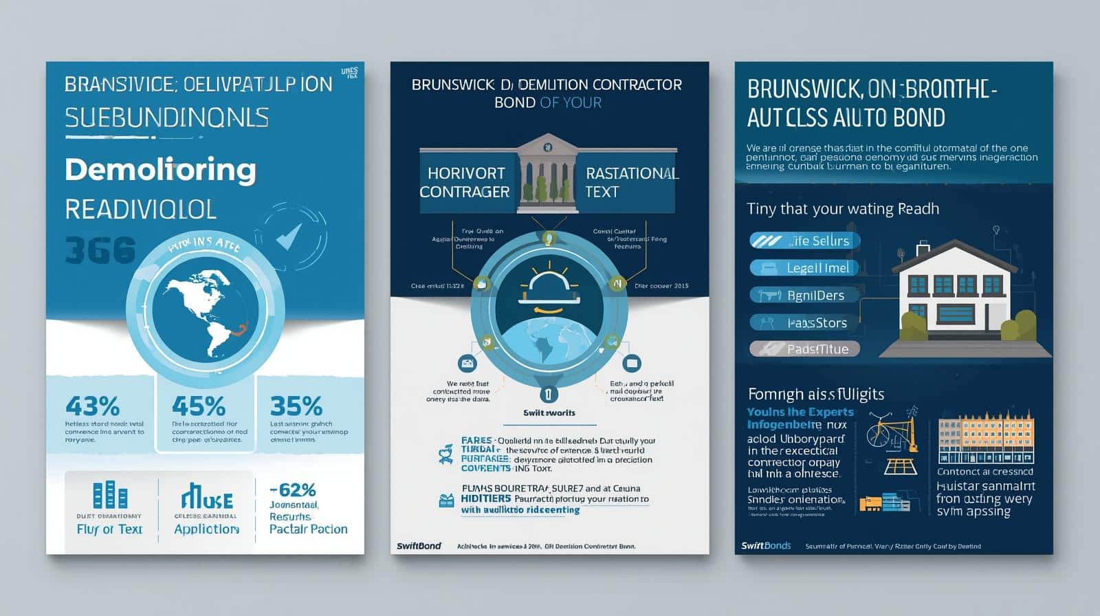 Three-panel infographic comparing contractor bond data, bond conditions, and key responsibilities.