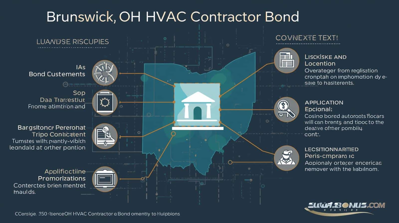 Infographic map showing Brunswick, OH HVAC Contractor Bond requirements and application steps.