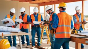 Contractors in safety vests and hard hats discussing project plans inside a new building under construction in Burleson, Texas.

