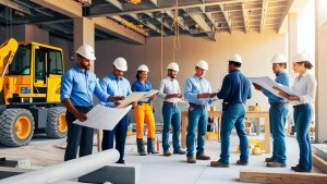 Group of construction professionals reviewing blueprints on a job site in Burleson, Texas with heavy machinery in the background.

