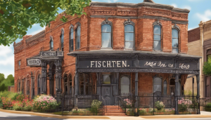 Historic brick building with vintage architecture in downtown Burleson, Texas, surrounded by gardens and wrought-iron fencing.

