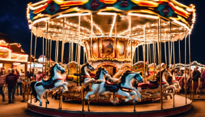 Colorful carousel lit up at night during a community event in Burleson, Texas, with families enjoying the fair.

