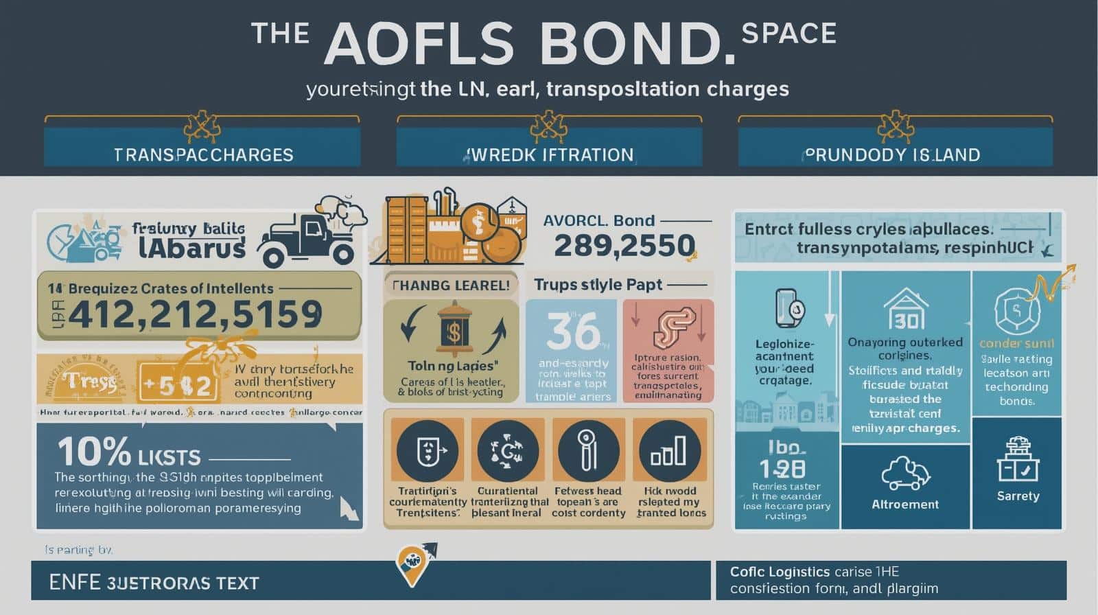 Detailed infographic summarizing transportation charges, bond amounts, and operational processes with colorful icons and large financial figures.