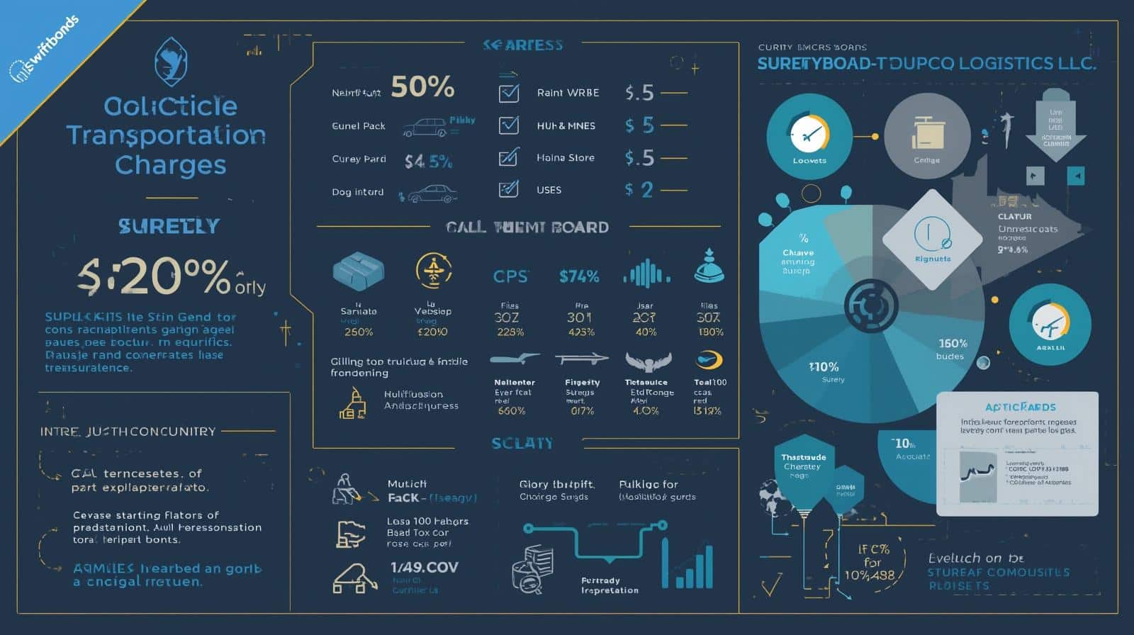 Dark-themed infographic detailing COFC Logistics LLC transportation charges, surety bond coverage, and cost breakdowns using pie charts and icons.