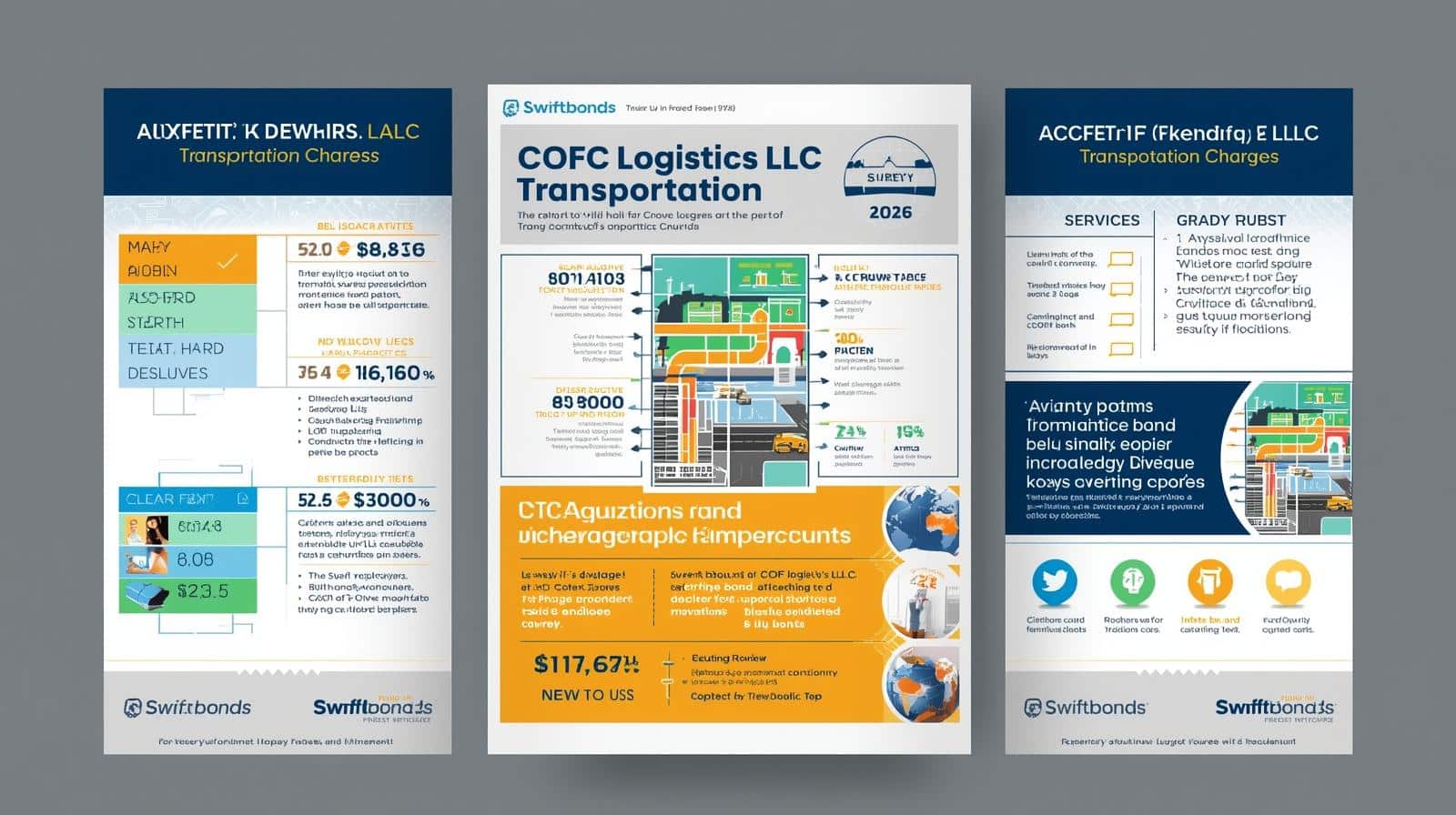 Three-panel infographic presenting COFC Logistics transportation charges, services, and benefits with bright illustrations and percentage breakdowns.