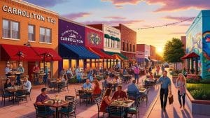 Vibrant downtown Carrollton, Texas at sunset with people dining outdoors, colorful awnings, and a lively local atmosphere.