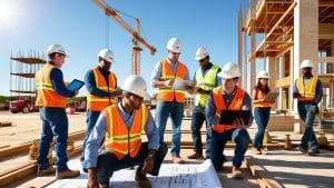Team of engineers and contractors in safety gear collaborating at a commercial construction site in Carrollton, Texas.