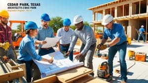Architects and engineers at a Cedar Park, Texas construction site discussing building plans—illustrating teamwork on commercial development projects.
