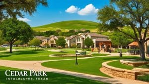 Beautiful suburban neighborhood in Cedar Park, Texas with manicured lawns, walking paths, and hill views—ideal for residential development projects.