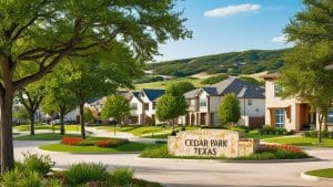 Welcoming stone entrance sign reading “Cedar Park, Texas” surrounded by vibrant landscaping and upscale homes—highlighting the city’s growing housing communities.