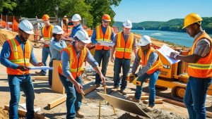 Construction crew working on an infrastructure project near the river in Chattanooga, TN wearing safety vests and hard hats