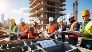 Diverse group of construction workers in safety gear reviewing blueprints at a commercial building site in Chattanooga, Tennessee