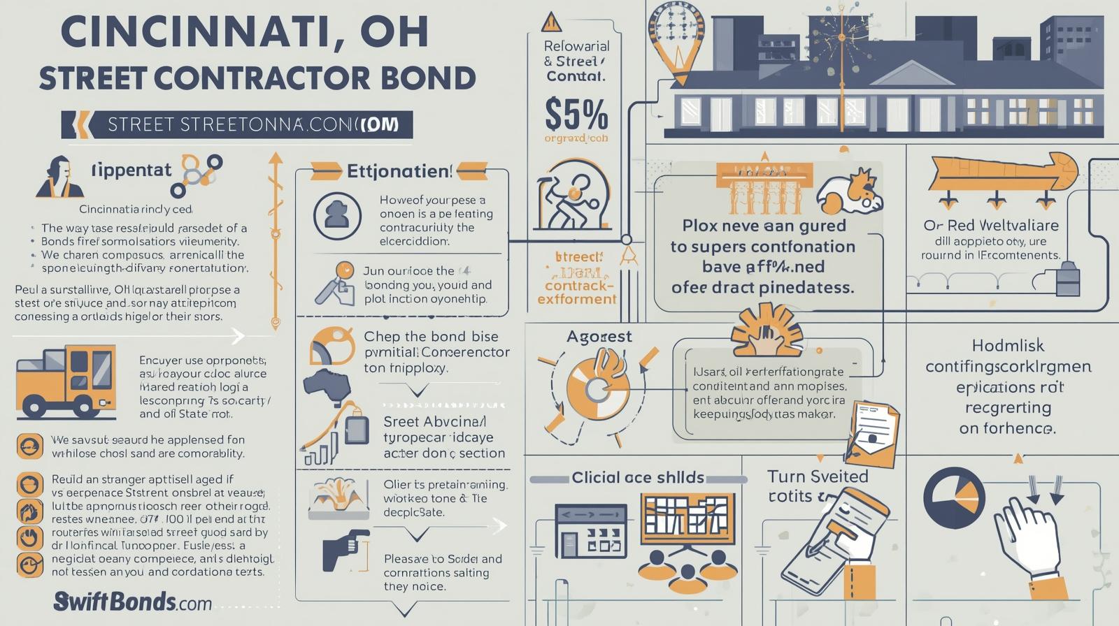 Orange-and-gray infographic showing contractor obligations, bond percentage requirements, penalties, and city regulations for street work in Cincinnati.