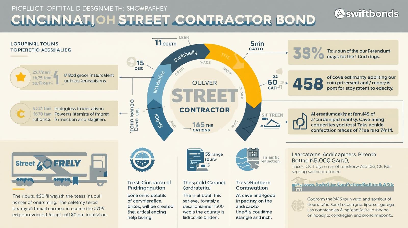 Circular infographic visualizing key statistics, application timelines, costs, and compliance requirements for Cincinnati street contractor bonds.