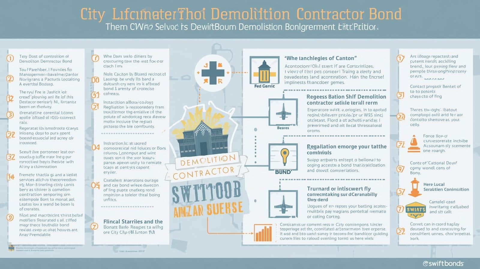 Illustrated infographic summarizing City of Canton, OH Demolition Contractor Bond requirements, fees, and process steps.