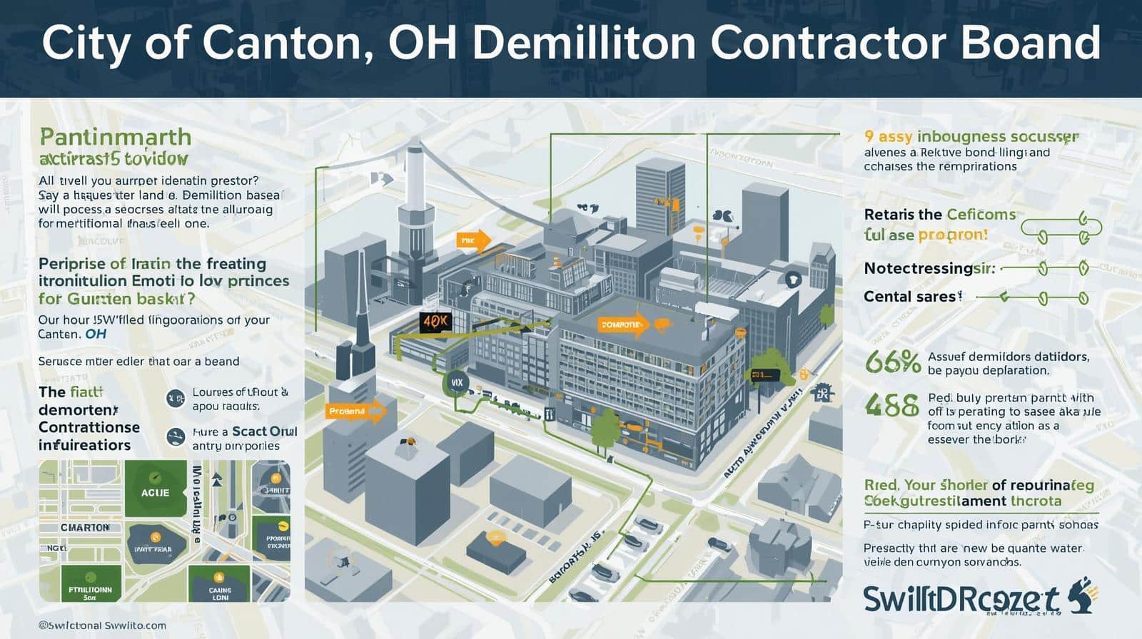 City map and diagram highlighting demolition contractor licensing, bonding procedures, and project workflow.