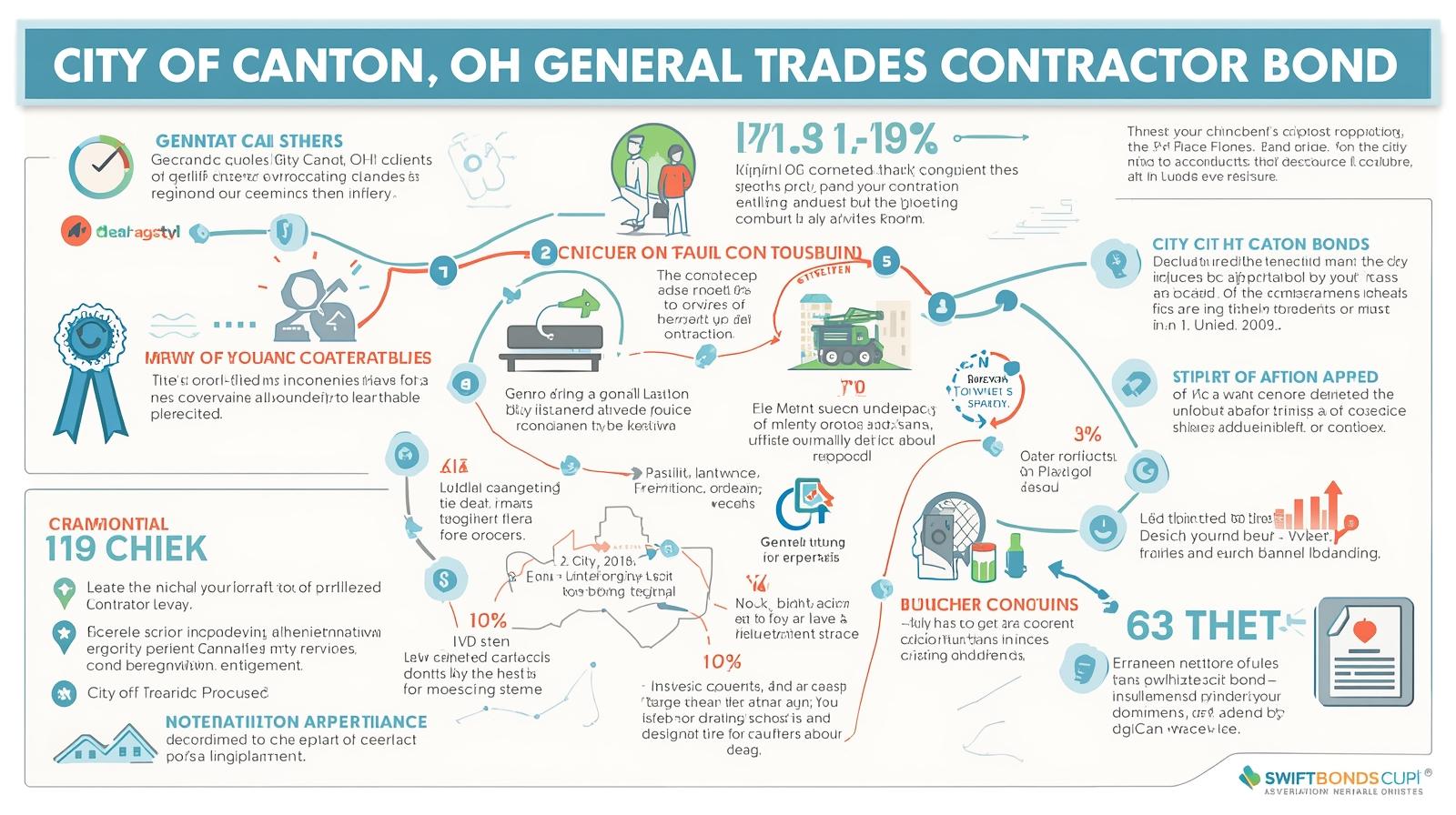 Infographic map-style layout explaining steps and requirements for Canton, OH general trades contractor bond.