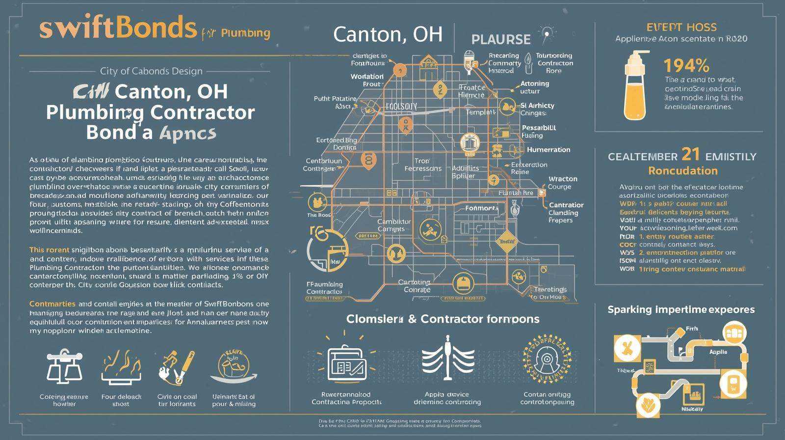 Dark-themed city map infographic showing Canton, OH plumbing contractor zones and compliance guidelines.