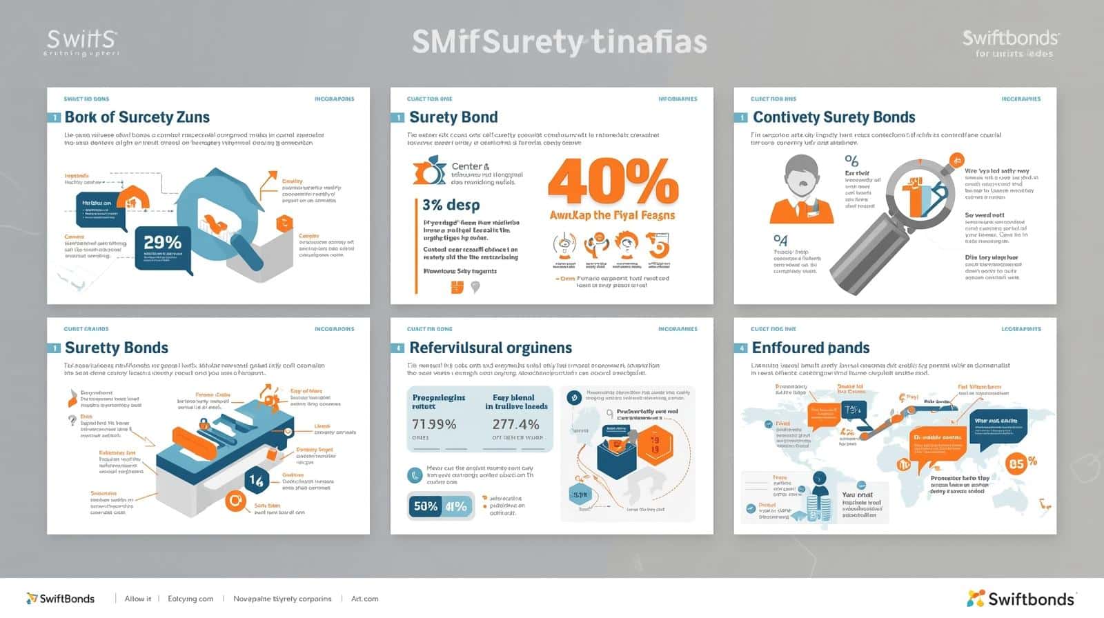 Professional graphic explaining surety bonds and right-of-way compliance using charts, percentages, and global bonding insights.